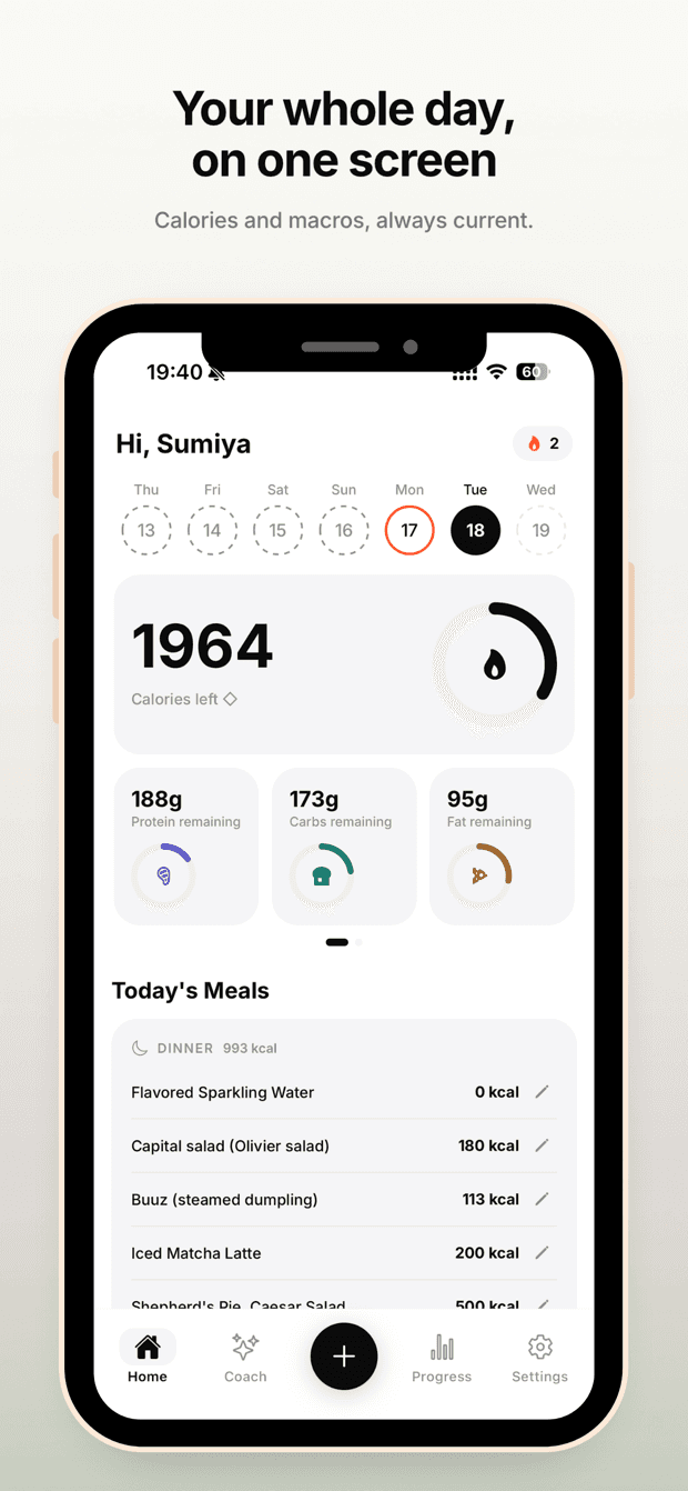Coach nutrition app: App screen